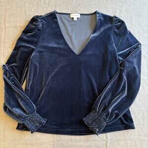 Evereve Blue Velvet V-Neck Long Sleeve Blouse Women’s Size M